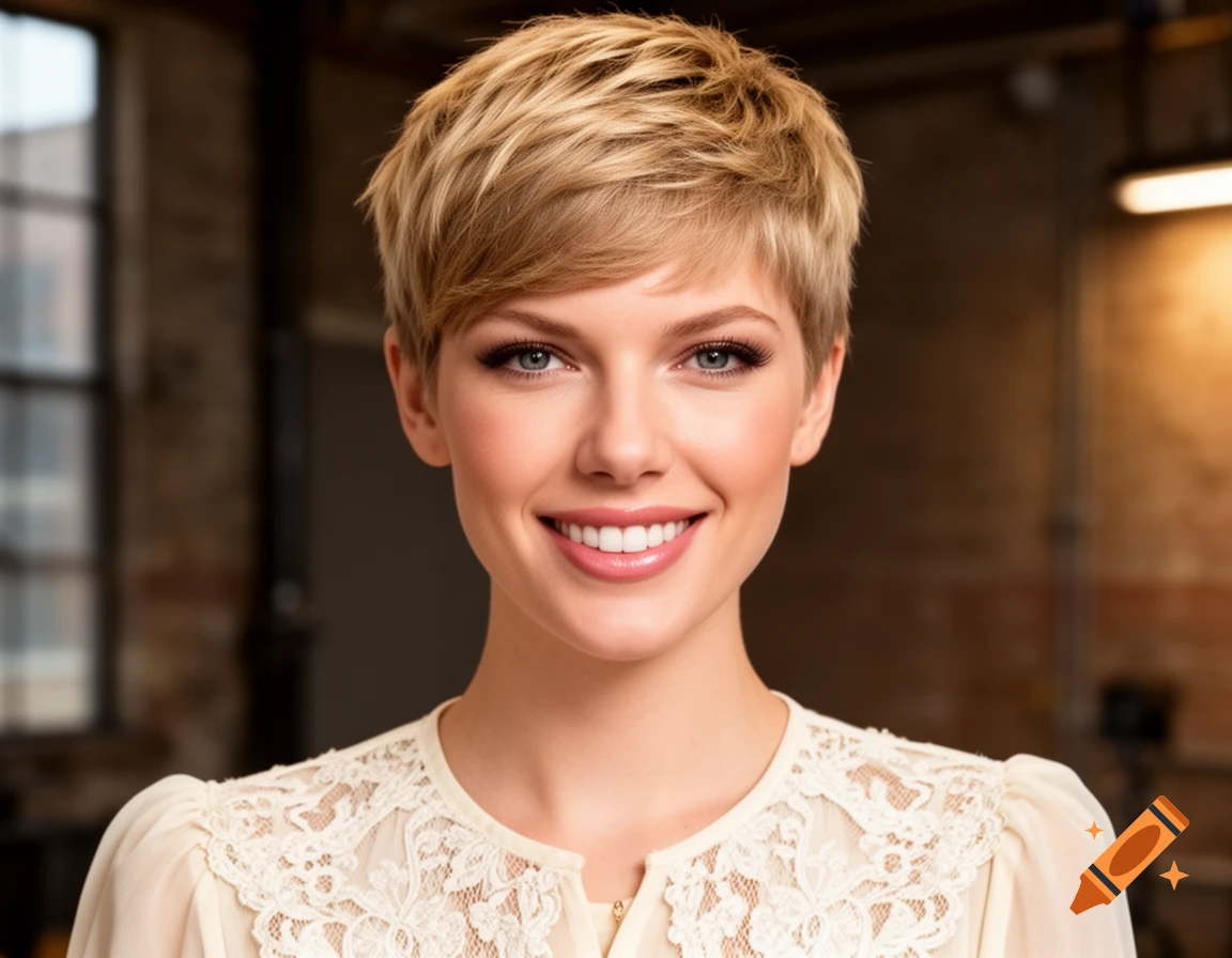 Photorealistic portrait of a smiling woman with short blonde hair and blue eyes, wearing a white lace top.