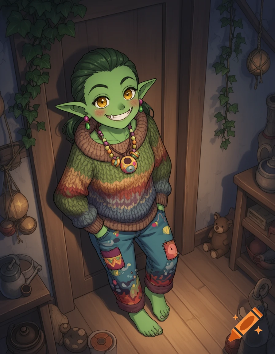 An anime green-skinned goblin woman in a colorful sweater and patched jeans leans barefoot against a doorway, smirking.
