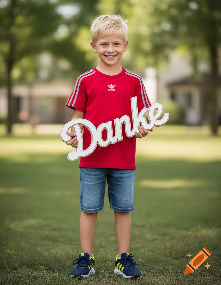 Photorealistic image of an 8-year-old blonde boy holding a white wooden sign that says Danke, standing in a park.