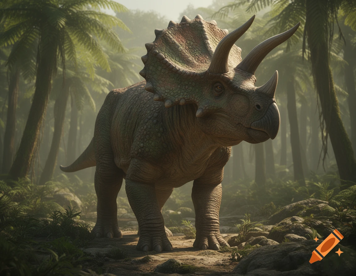A photorealistic Triceratops stands on a path in a misty, lush jungle with tall palm trees.