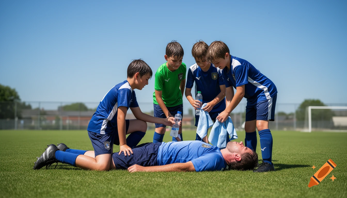 Photorealistic image of four young soccer players interacting with a man lying on a grassy field.