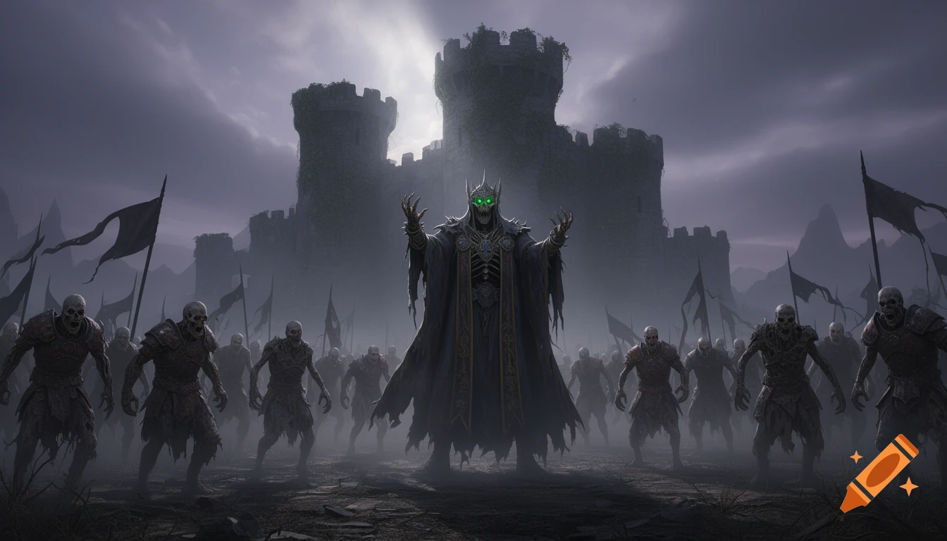 A powerful lich king with glowing green eyes commands a zombie army in front of a dilapidated castle under a dark, cloudy sky, in a foreboding, detailed fantasy scene.