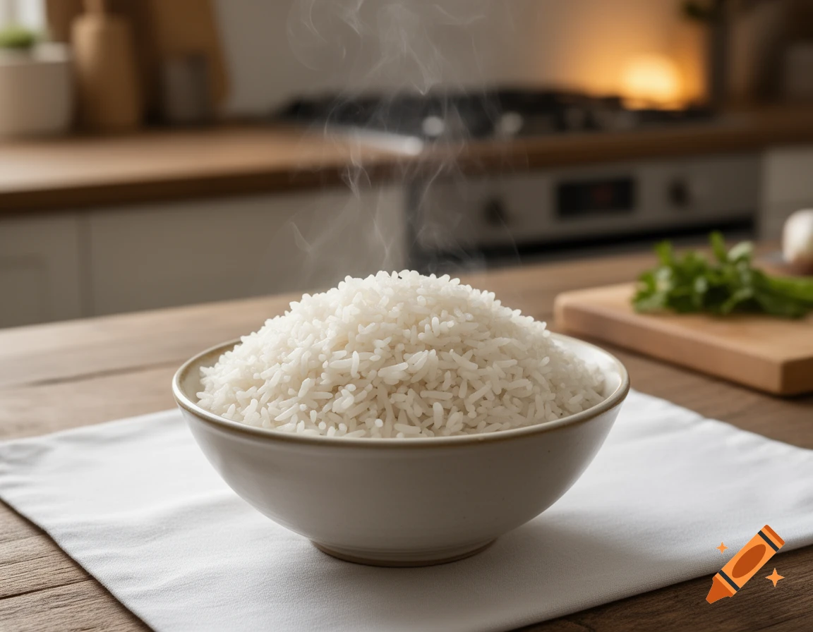 A steaming bowl of white rice on a white napkin on a wooden table in a kitchen, with a blurred countertop and stove in the background.