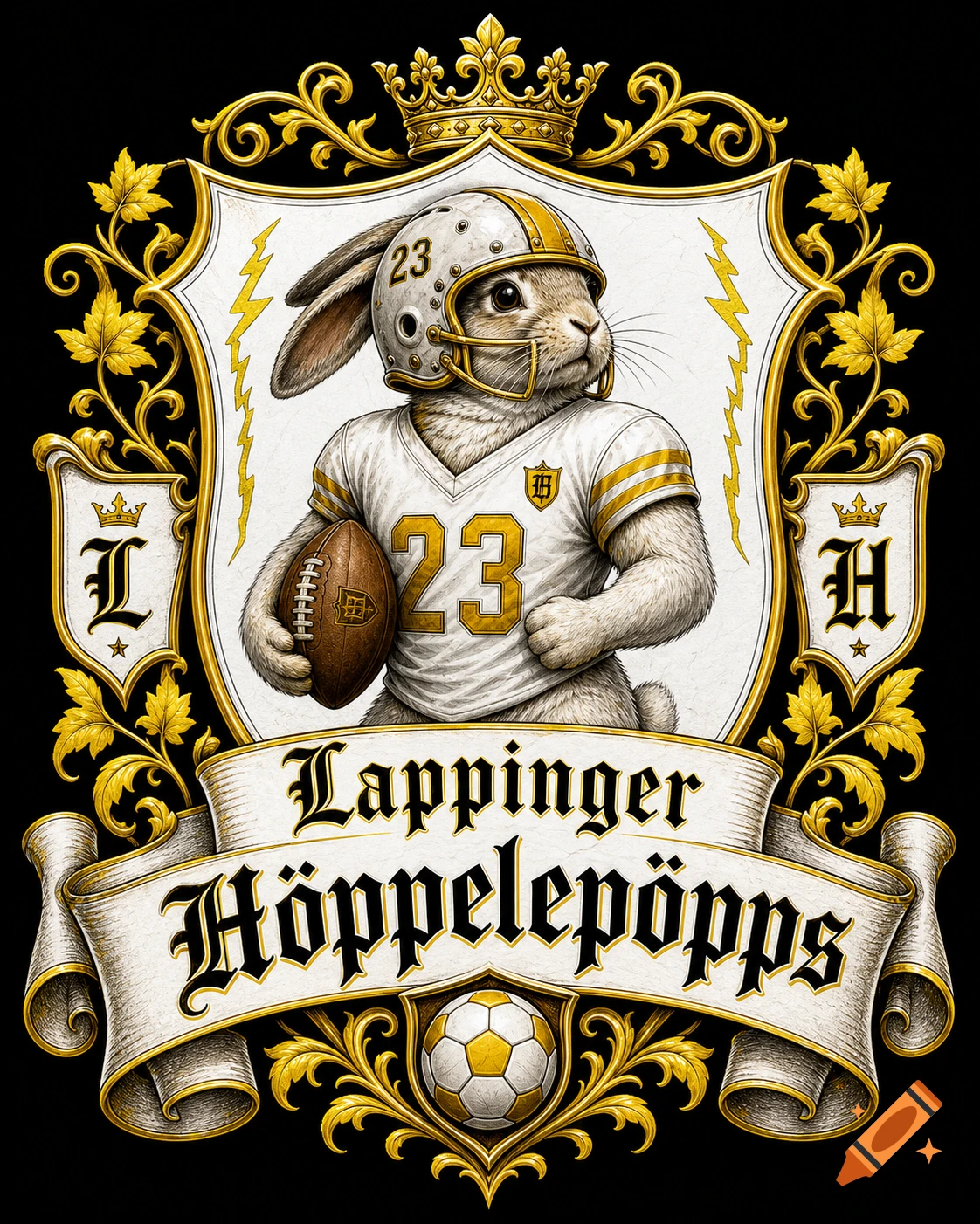 A regal, detailed illustration of a rabbit in a football uniform and helmet within a golden crest, with 'Lappinger H R_E_P_P_E_L_E_P_O_P_P_S' text.