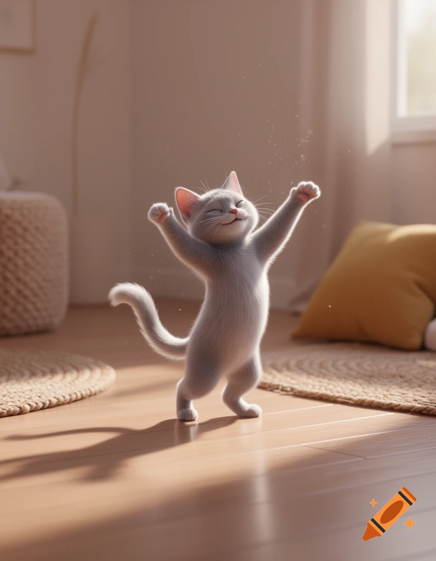 A happy, tiny gray cartoon cat stands with raised paws, dancing or stretching on a sunlit wooden floor.