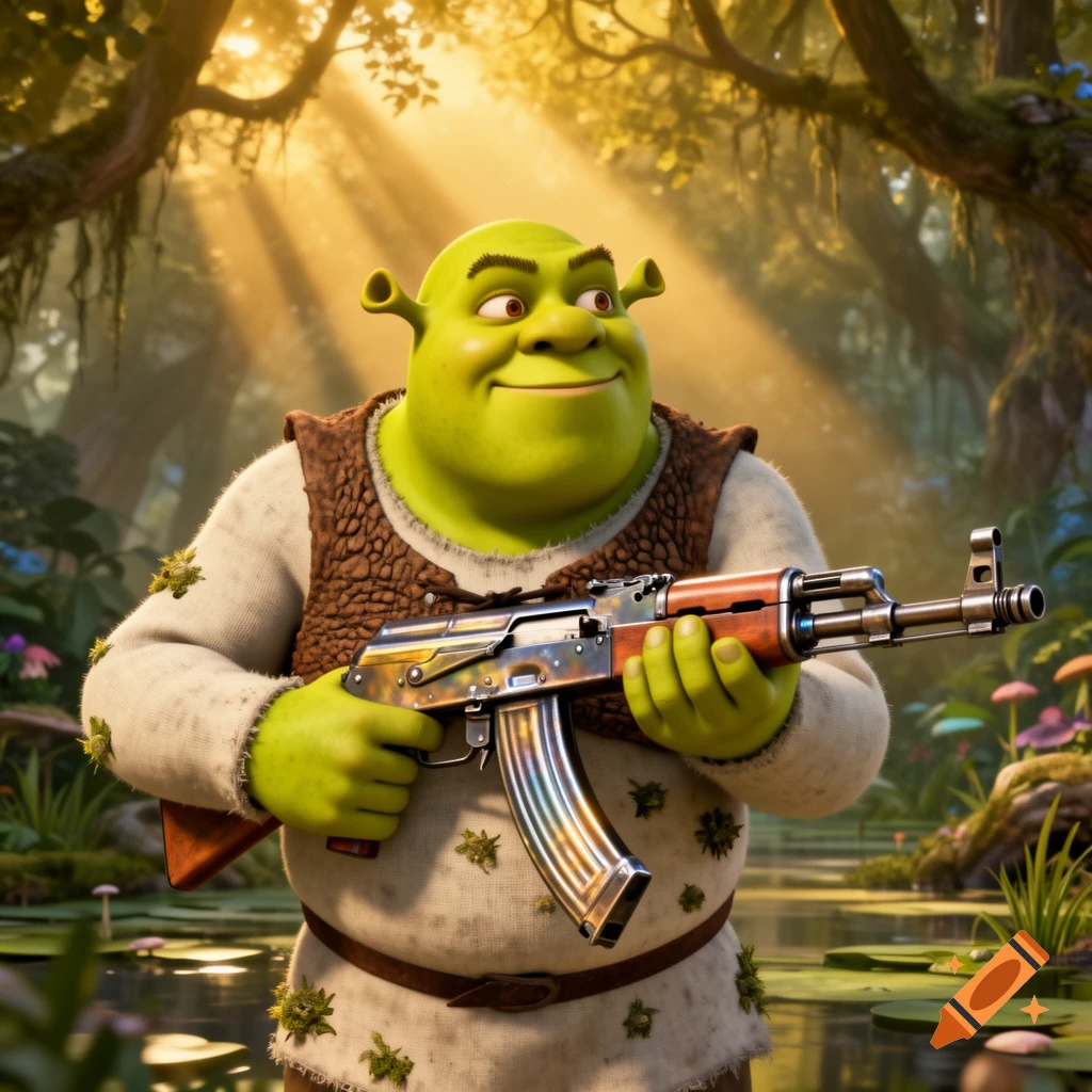 Shrek holding an AK-47 rifle in a sun-dappled swamp.