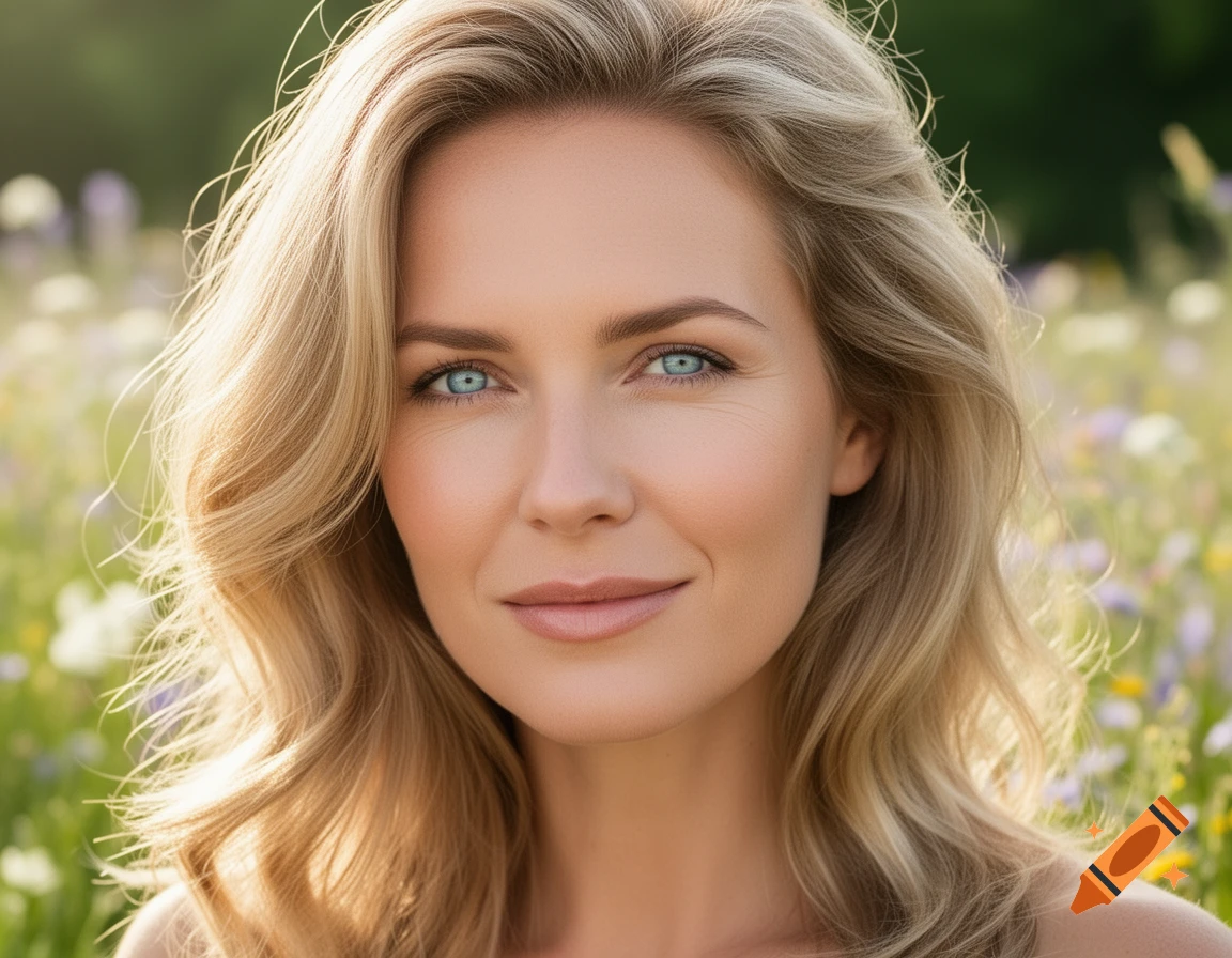 A photorealistic portrait of a blonde woman with blue eyes smiling softly in a sunlit field of wildflowers.