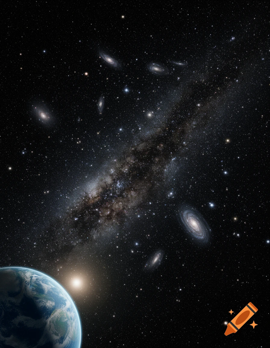 A photorealistic view of Earth from space, with a bright star and multiple galaxies in the star-filled cosmic background.