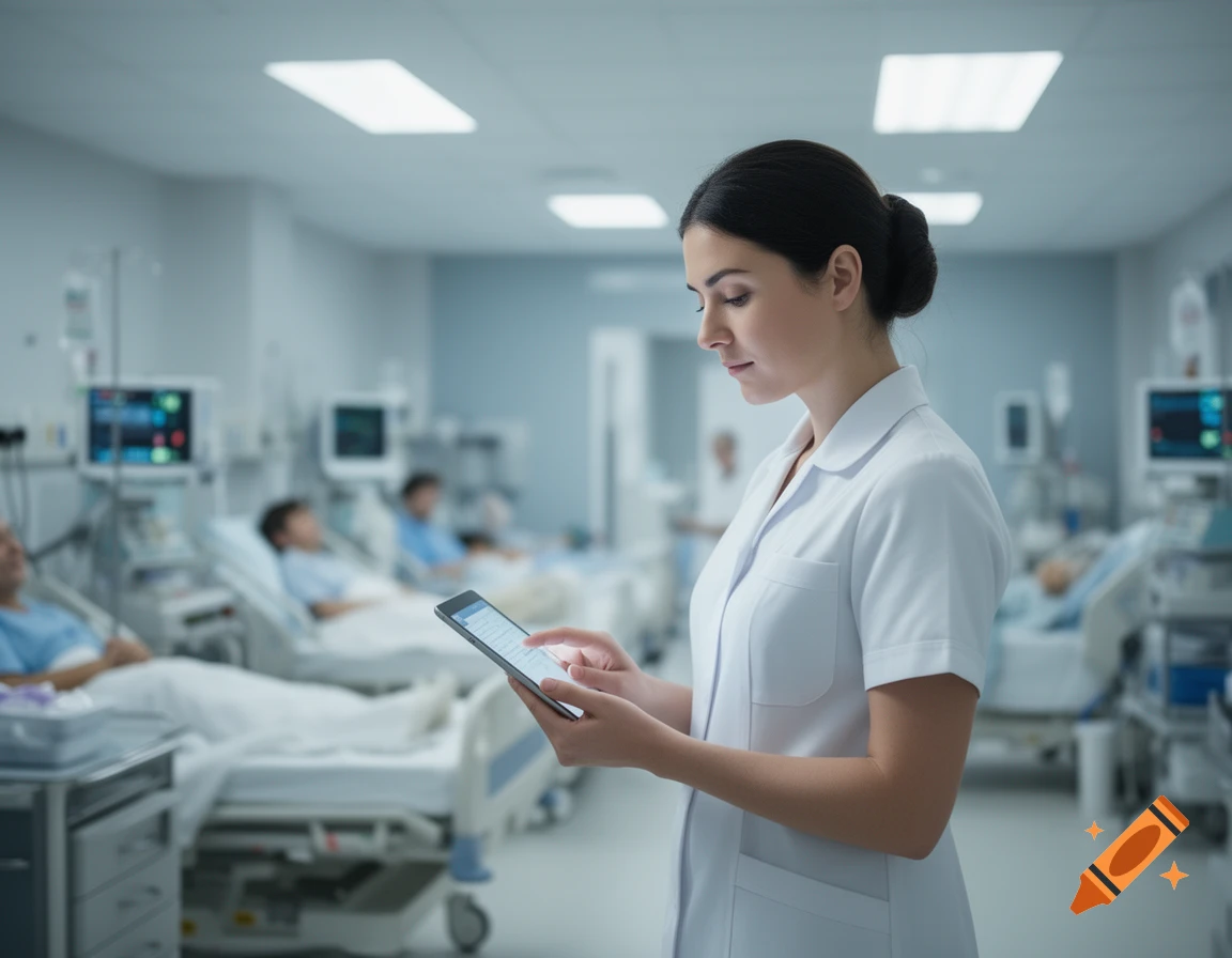 A female nurse in a white uniform uses a tablet in a busy hospital ward with patients in beds.
