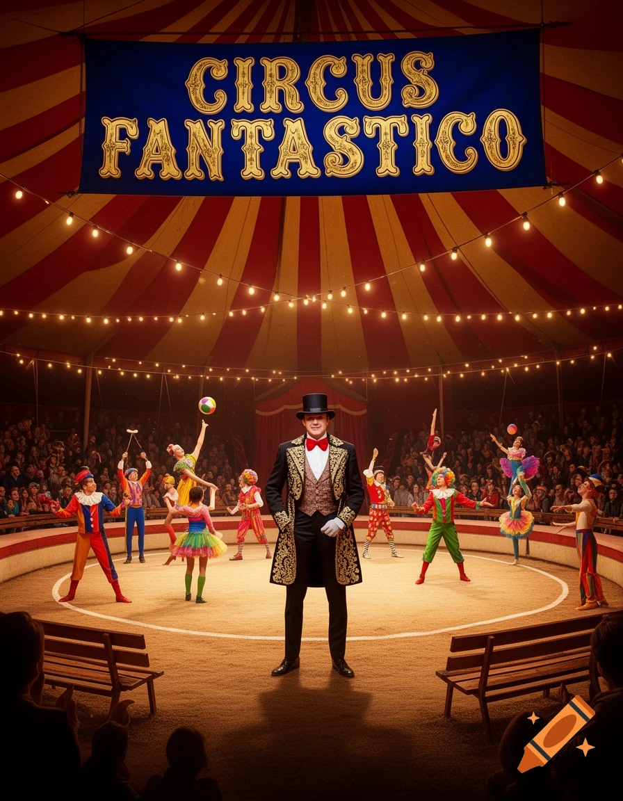 A ringmaster in a top hat stands center stage in a vibrant circus tent under a 'CIRCUS FANTASTICO' banner, surrounded by diverse performers and an audience.