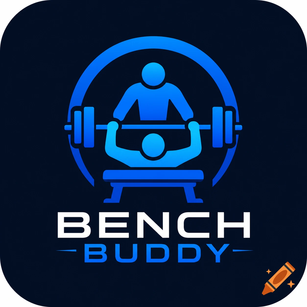 A modern blue and white 'Bench Buddy' app logo showing a person bench pressing with a spotter, and the text 'BENCH BUDDY'.