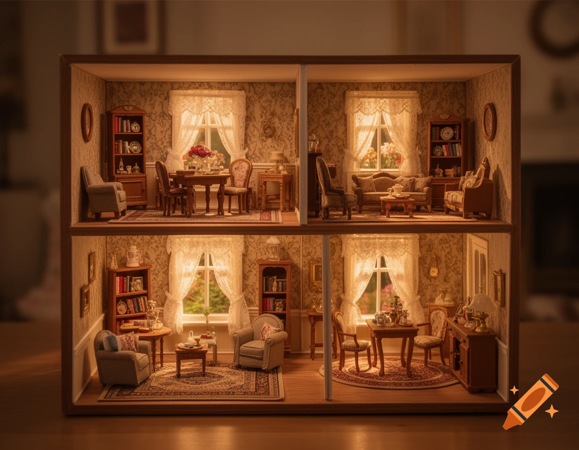 A highly detailed, illuminated four-room dollhouse with miniature antique furniture, rugs, and decorative items.