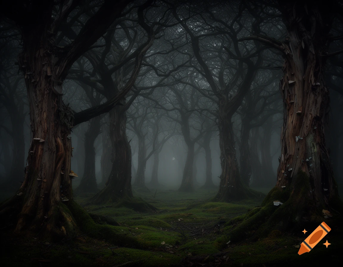 A dark, misty forest with ancient, gnarled trees and moss-covered ground, evoking a mysterious atmosphere.