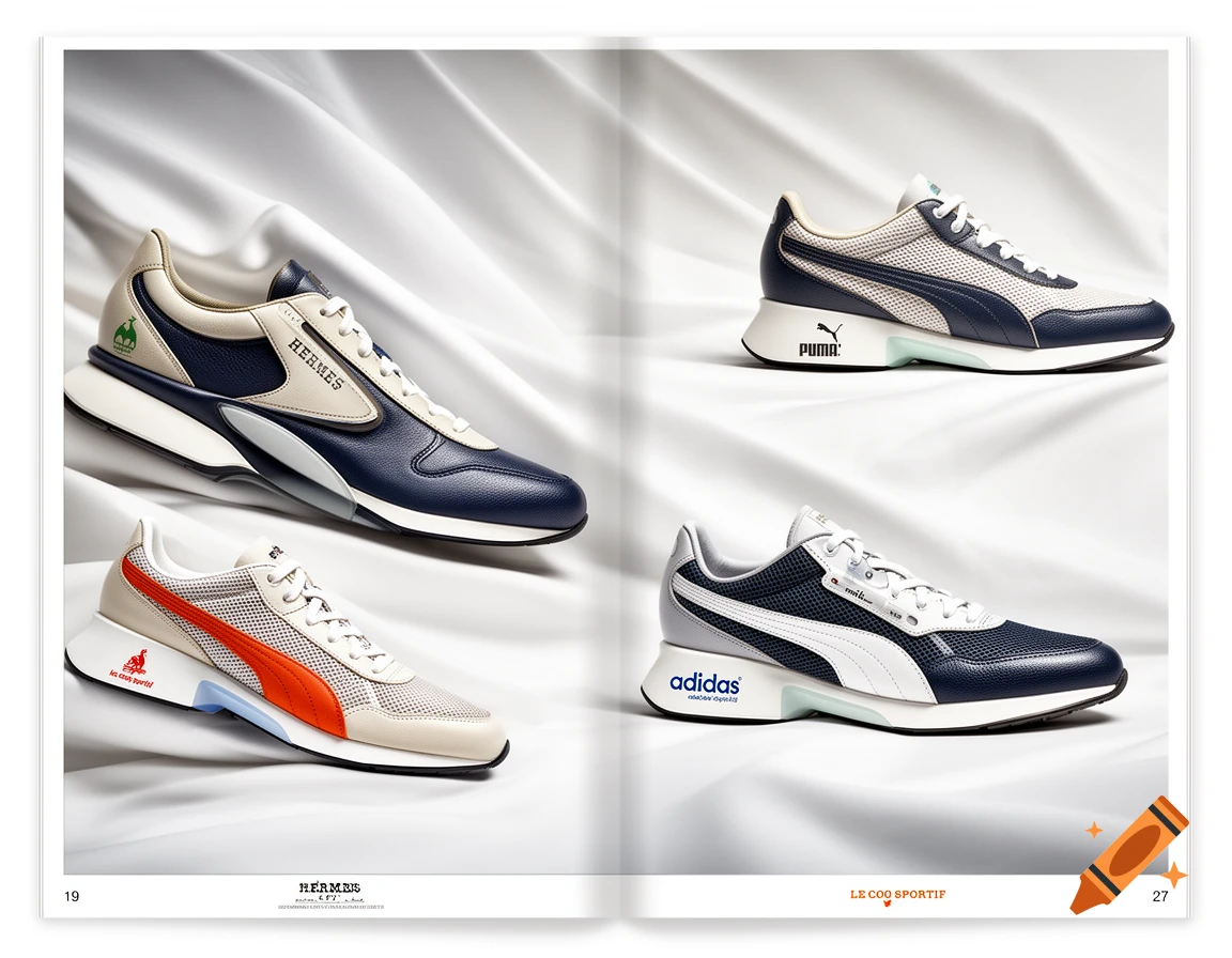 A magazine spread features four pairs of modern sneakers from brands like Hermes, Puma, Adidas, and Le Coq Sportif, displayed on white draped fabric.