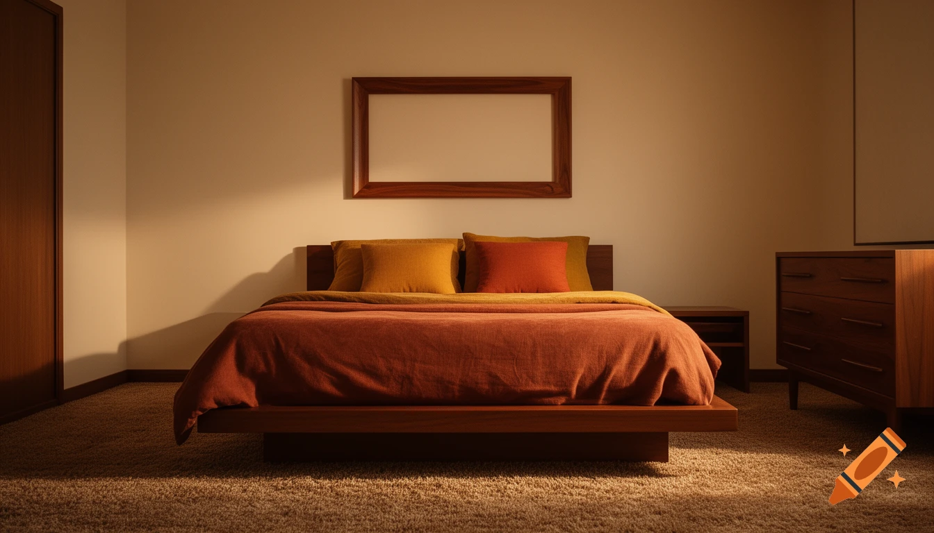 A cozy retro 1970s bedroom interior with a low platform bed and an empty wooden frame on the wall, bathed in warm lighting.