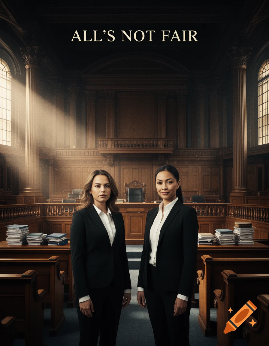 Cinematic movie poster featuring two women lawyers standing in a historic courtroom with the text ALL'S NOT FAIR above them.