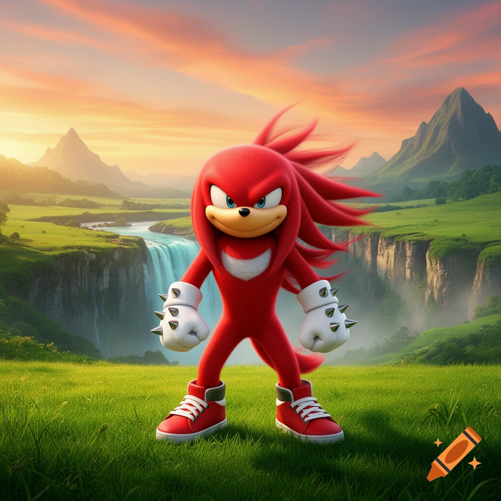 Red echidna character Knuckles standing in a lush green valley with mountains and a waterfall under a sunset sky.