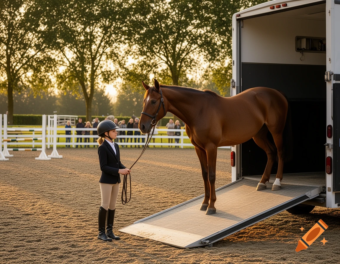 A girl in riding gear leads a brown horse up a trailer ramp in a sunny equestrian arena, with spectators in the background. Photorealistic.