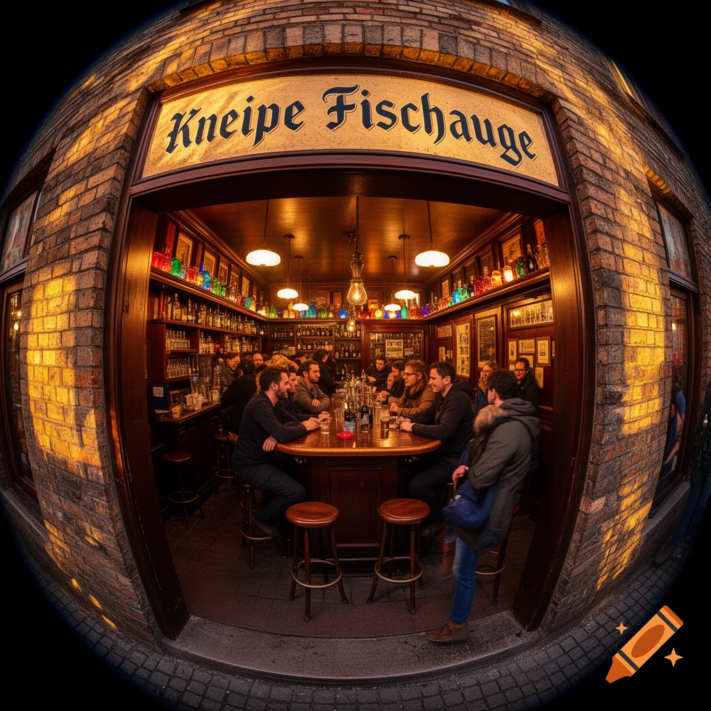 Photorealistic fisheye view of a brick building with a sign "Kneipe Fischauge" above an entrance, showing people socializing inside a cozy bar.