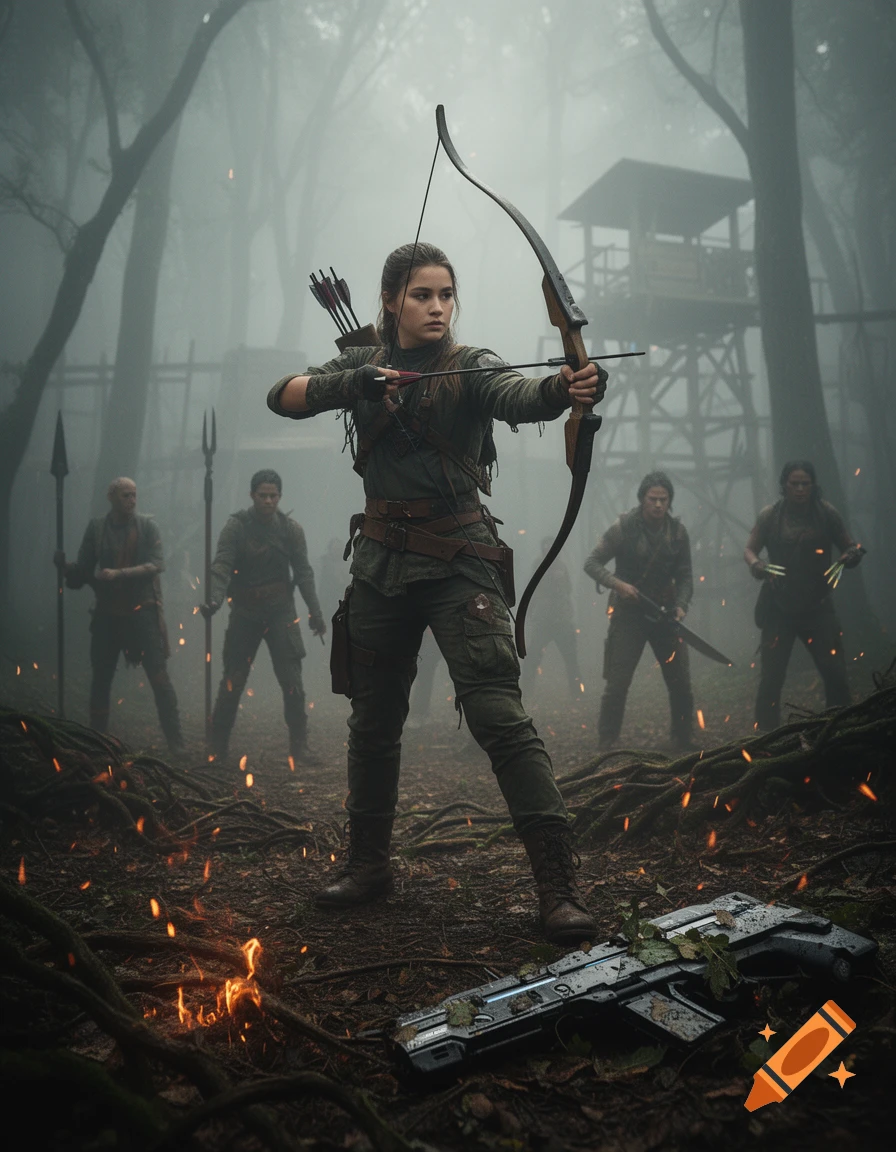 Photorealistic scene of a young female archer in a misty forest, aiming a bow with armed opponents in the background.
