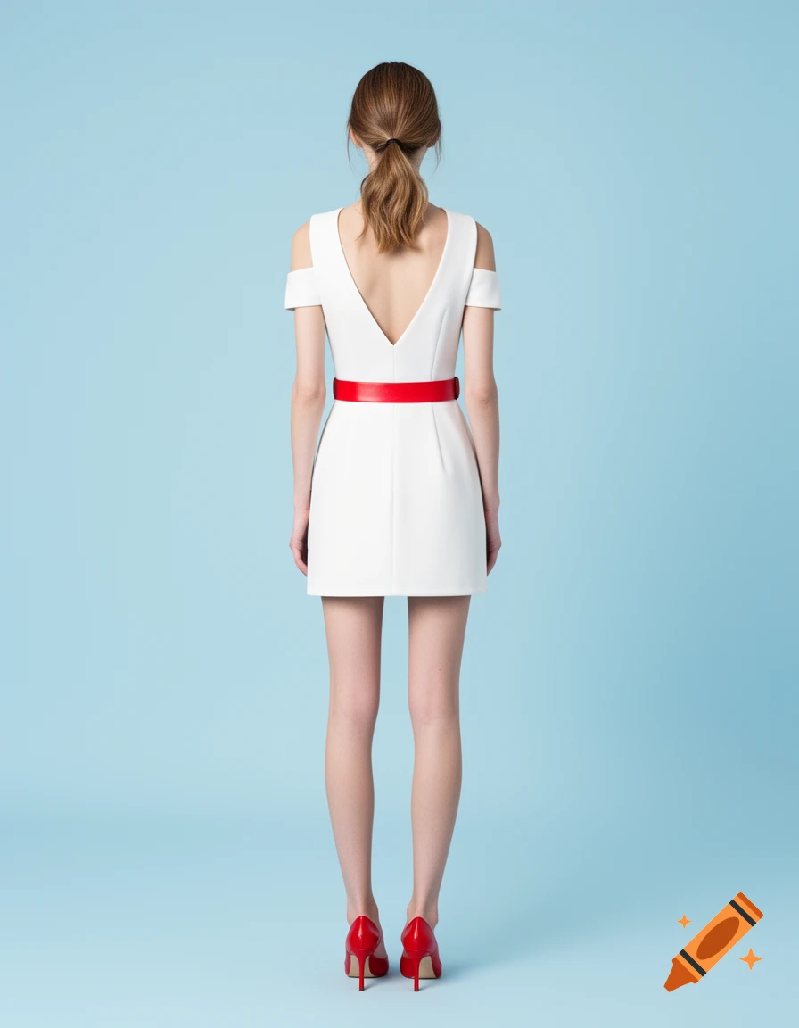 A woman from behind wears a white mini-dress with a deep V-back, red belt, and red high heels against a light blue background.