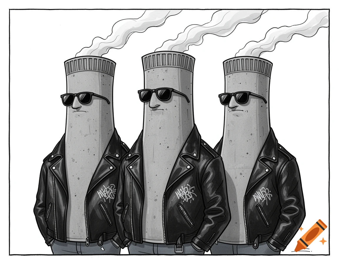 Three cartoon cooling towers with faces, wearing sunglasses and leather jackets like a gang, standing together. New Yorker style illustration.