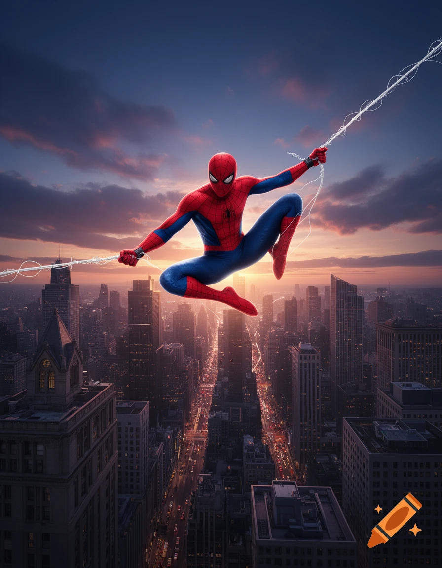 Spider-Man leaps across a vast city skyline at sunset, holding two webs, in a dynamic photorealistic style.