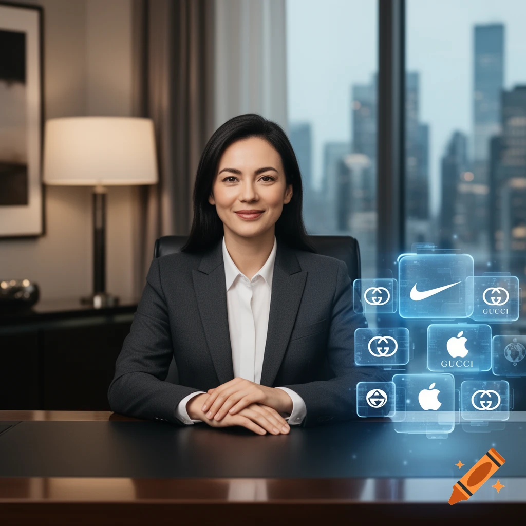 A smiling businesswoman in a suit sits at a desk with a cityscape backdrop, surrounded by floating digital brand logos including Nike, Gucci, and Apple.