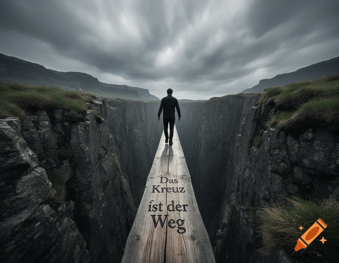 A lone figure walks on a narrow wooden plank spanning a deep chasm between rocky cliffs under a dramatic sky, with German text on the plank.