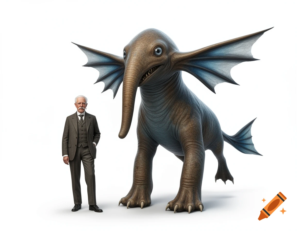 A photorealistic image of a man in a suit standing next to a large, brown, winged fantasy creature with blue fins on a white background.