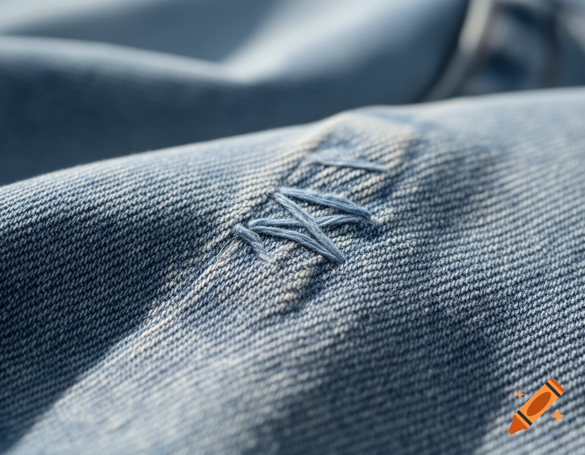Close-up of blue denim fabric with a prominent cross stitch