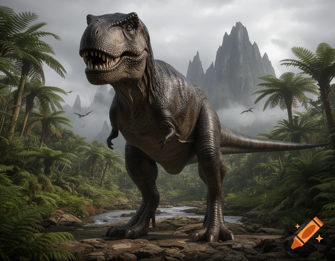 A powerful Tyrannosaurus Rex stands in a lush, ancient jungle with towering, misty mountains in the background, with a river flowing nearby.
