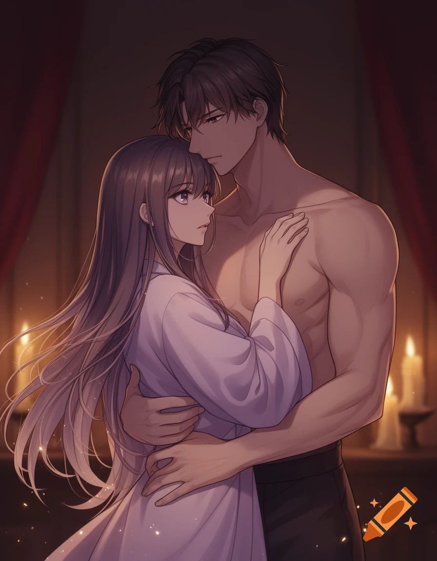 A shirtless man embraces a woman in a white nightgown in a dimly lit room with candles, rendered in an anime style.