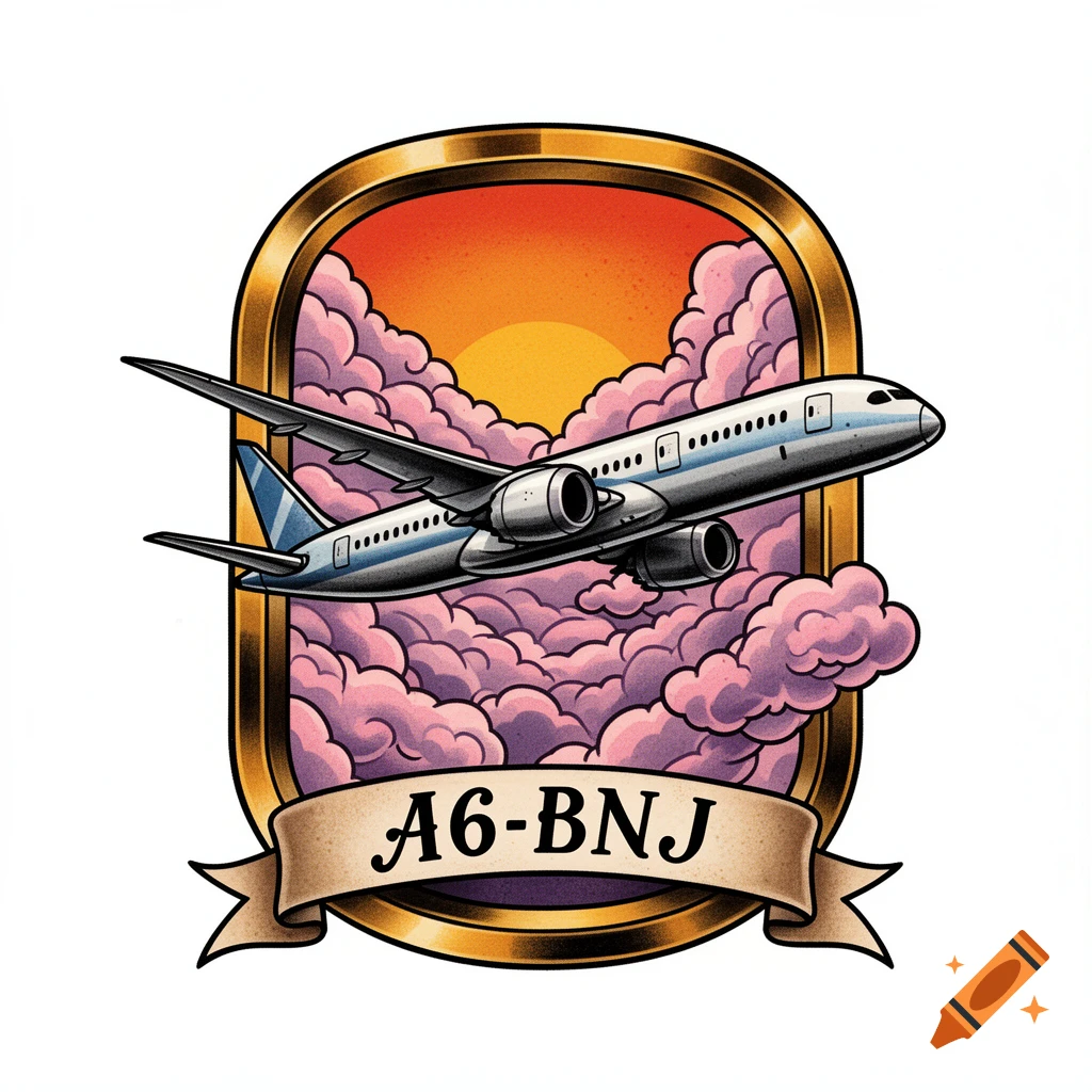 Neo-traditional tattoo of a Boeing 787-9 Dreamliner flying through pastel clouds at sunset, framed in gold with 'A6-BNJ'.