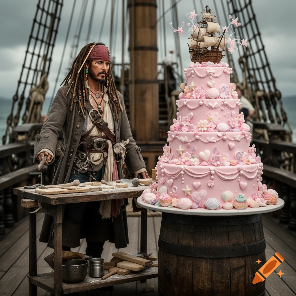 Captain Jack Sparrow as a p Hâtissier on a ship deck, standing by a wooden table with baking tools and a large pink wedding cake topped with a miniature pirate ship.
