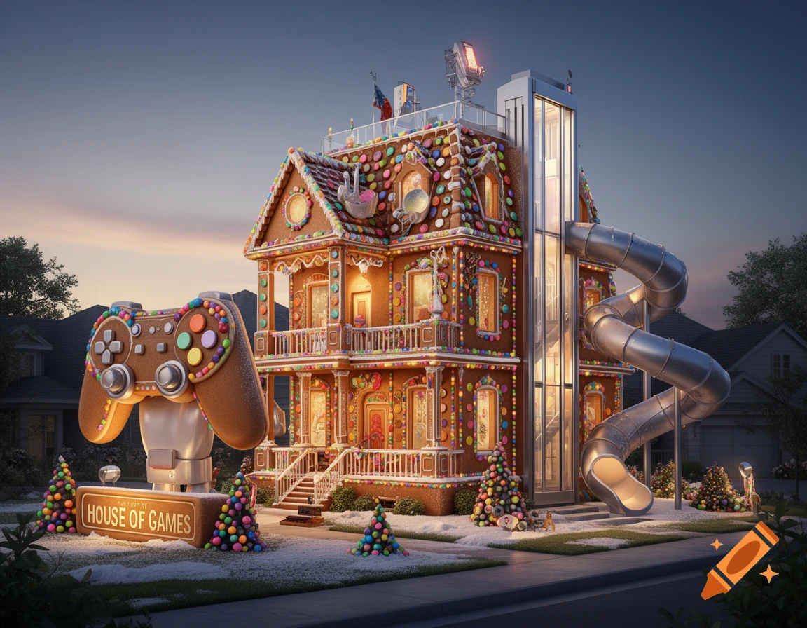 A whimsical gingerbread house decorated with candy, a giant video game controller statue, a metal slide, and an elevator, at sunset.