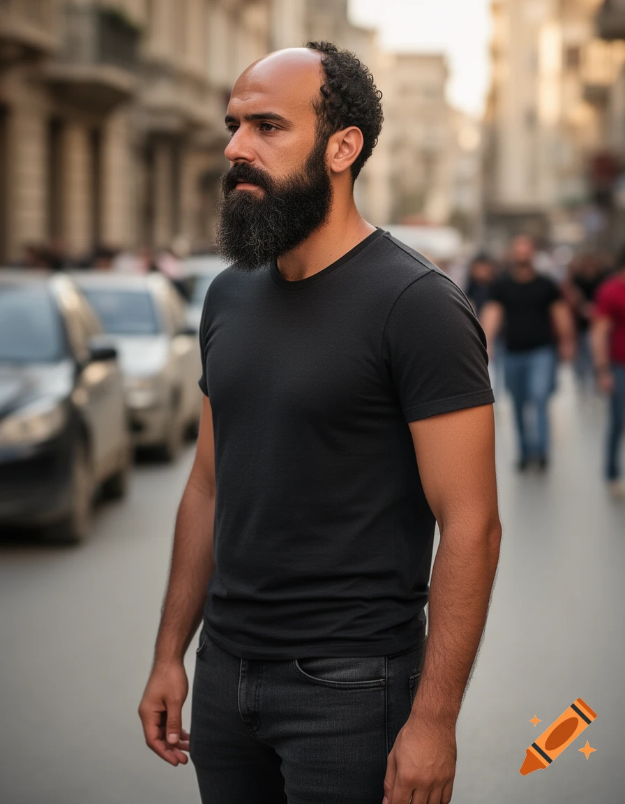 A man with a bald head and a full black beard wears a black t-shirt and jeans on a city street.