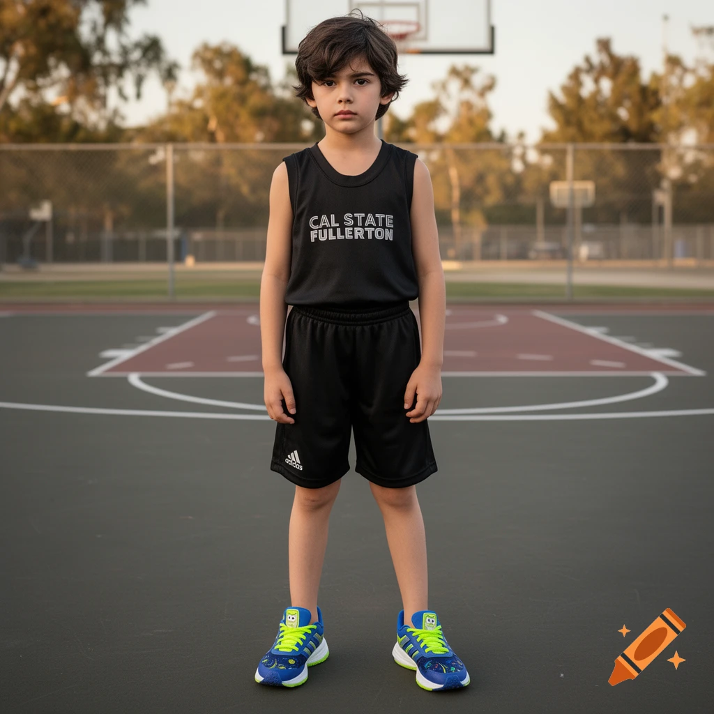 Photorealistic image of a young boy wearing a black basketball uniform and sneakers standing on a basketball court.