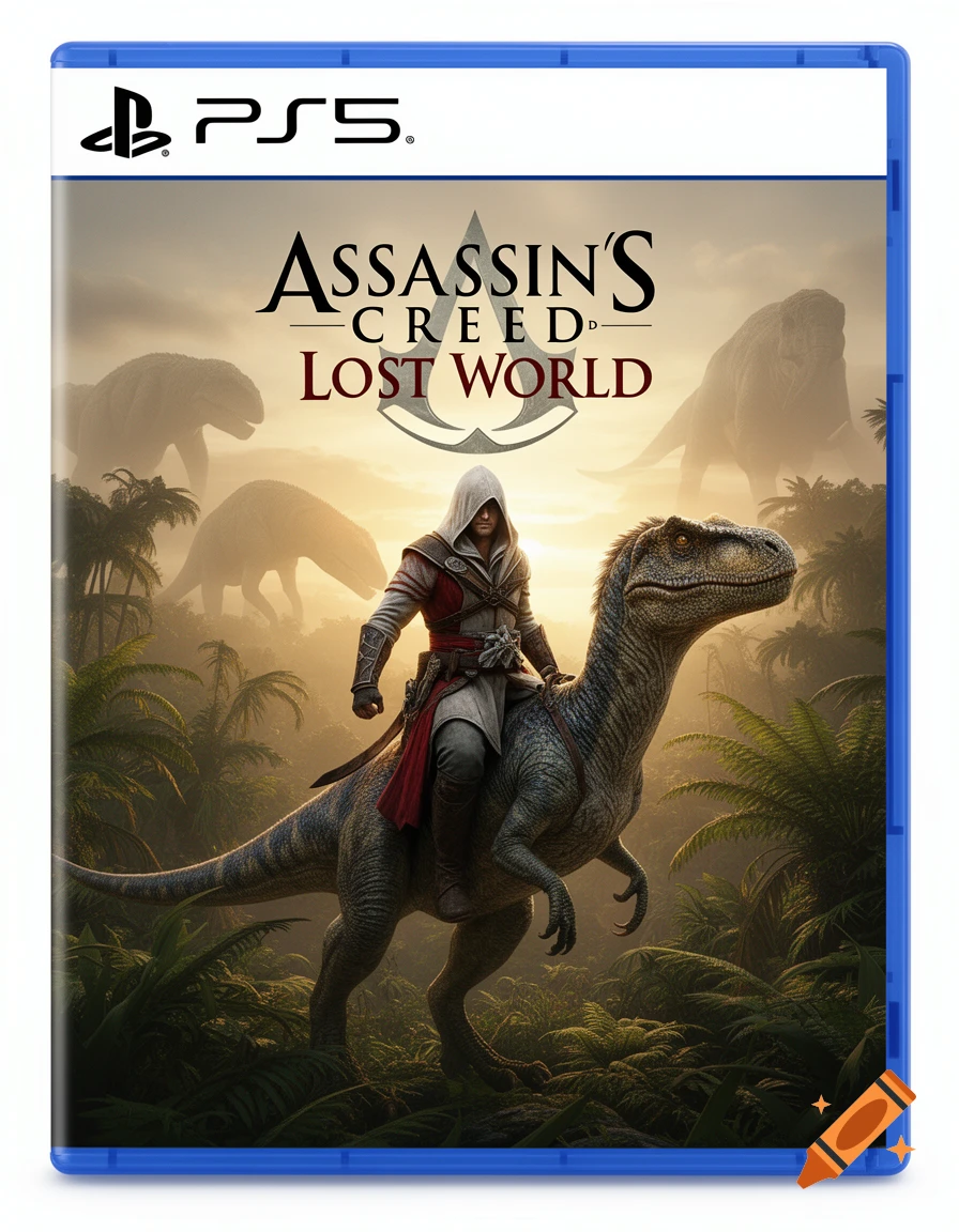 A PlayStation 5 game cover for Assassin's Creed Lost World, showing an assassin riding a raptor in a jungle with dinosaurs.