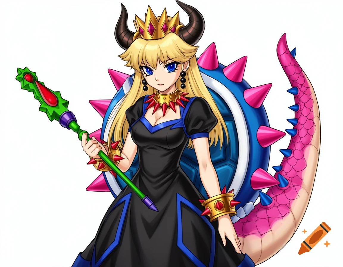 An anime-style Bowsette character with blonde hair, horns, a crown, black dress, blue spiked shell, pink scaled tail, and a staff.