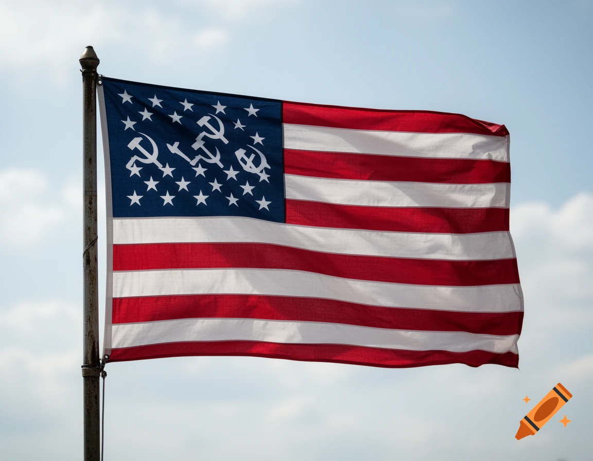 An American flag waving on a flagpole against a cloudy sky, with some stars in the union replaced by hammer and sickle symbols.