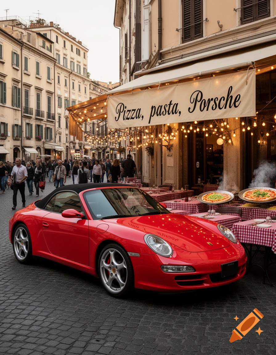 A red Porsche convertible parked on a cobblestone street in front of an Italian restaurant with a banner and string lights.