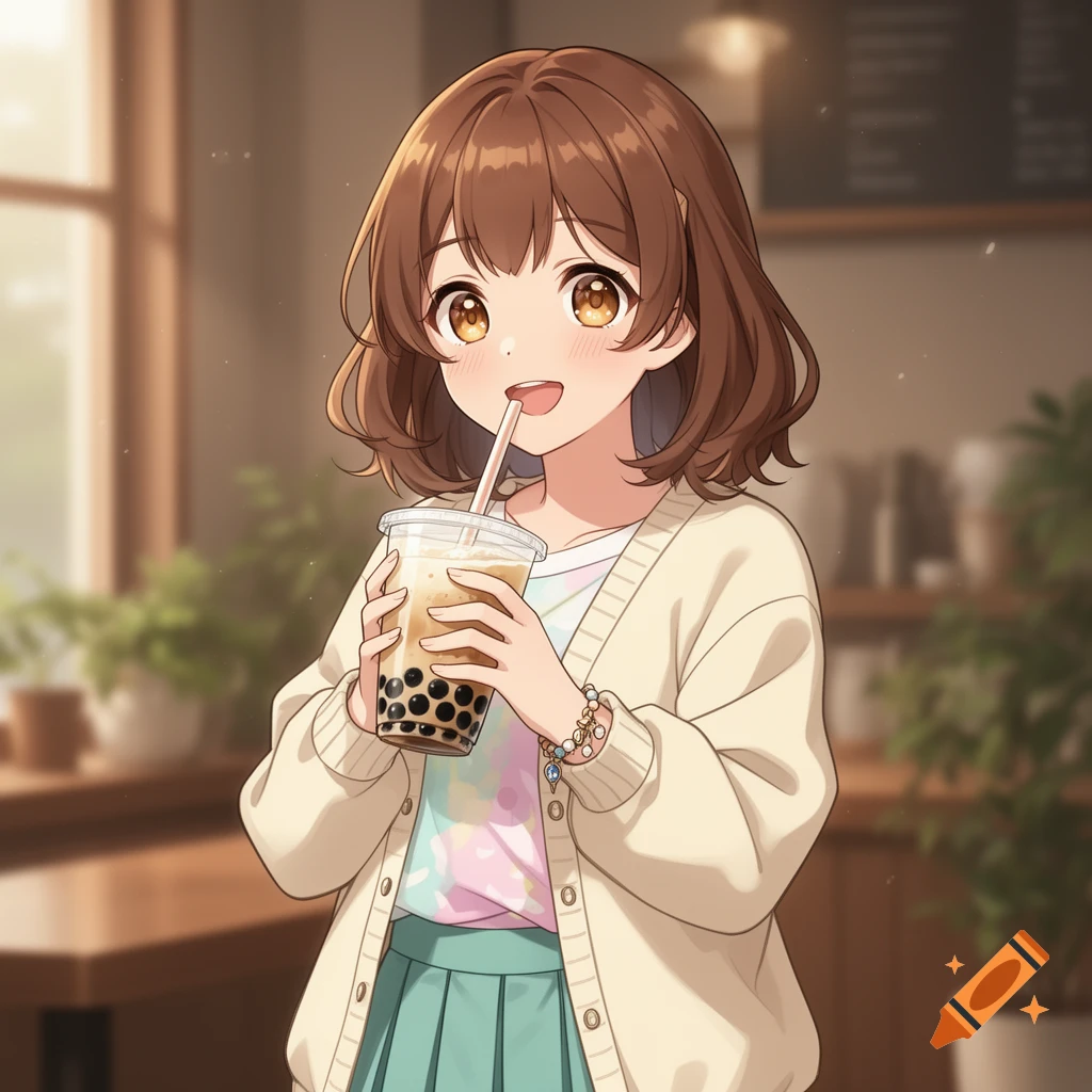 Anime girl with brown hair drinking bubble tea in a cafe, digital art.