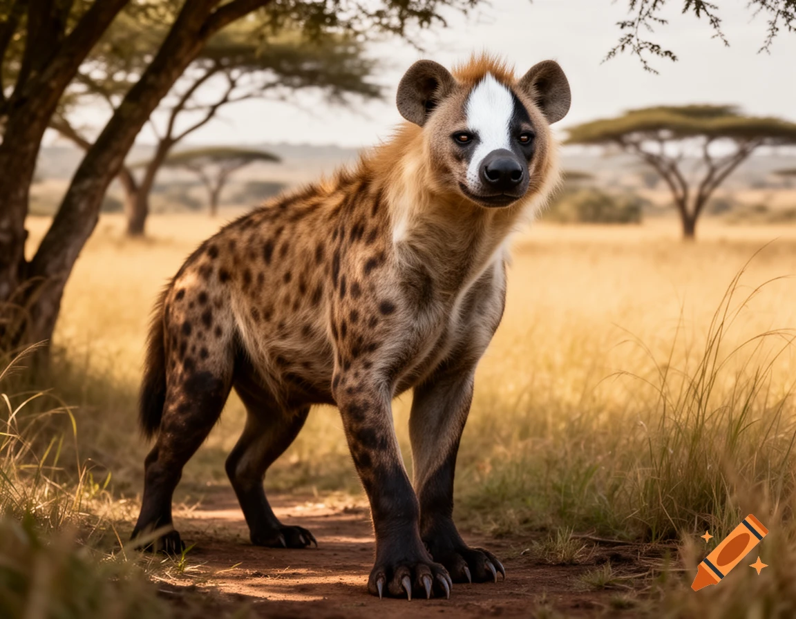 A photorealistic depiction of a hyena-like creature with a distinct white stripe and dark markings on its face, standing in a sunlit savanna.