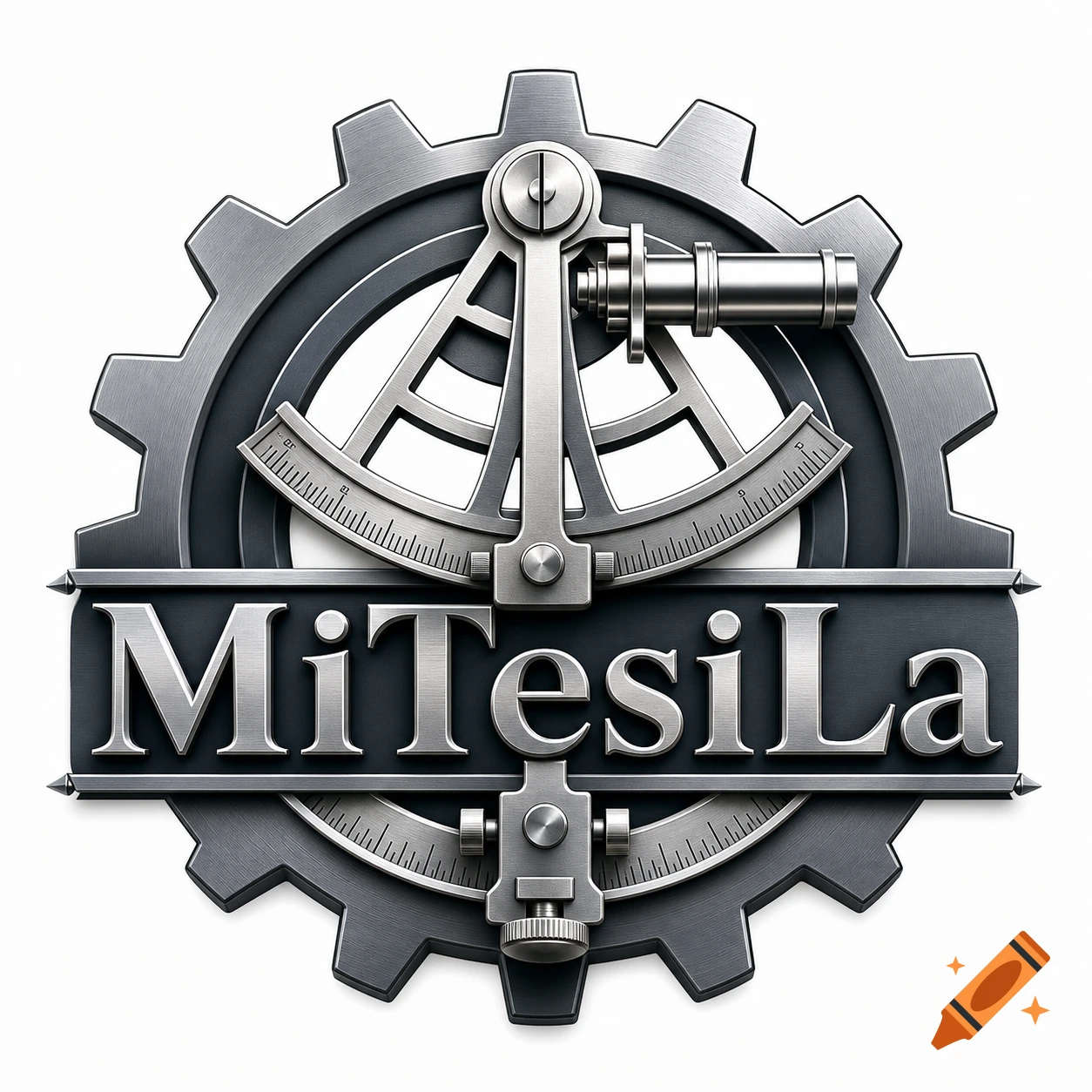A metallic logo featuring the name 'MiTesiLa' on a banner, set against a gear and a sextant.