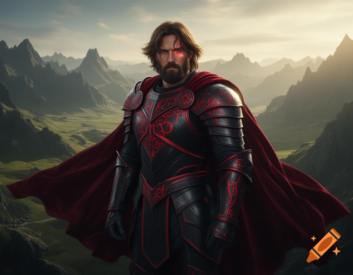 Photorealistic portrait of a warrior god in black and red ornate armor with a flowing red cape, overlooking a mountainous landscape.