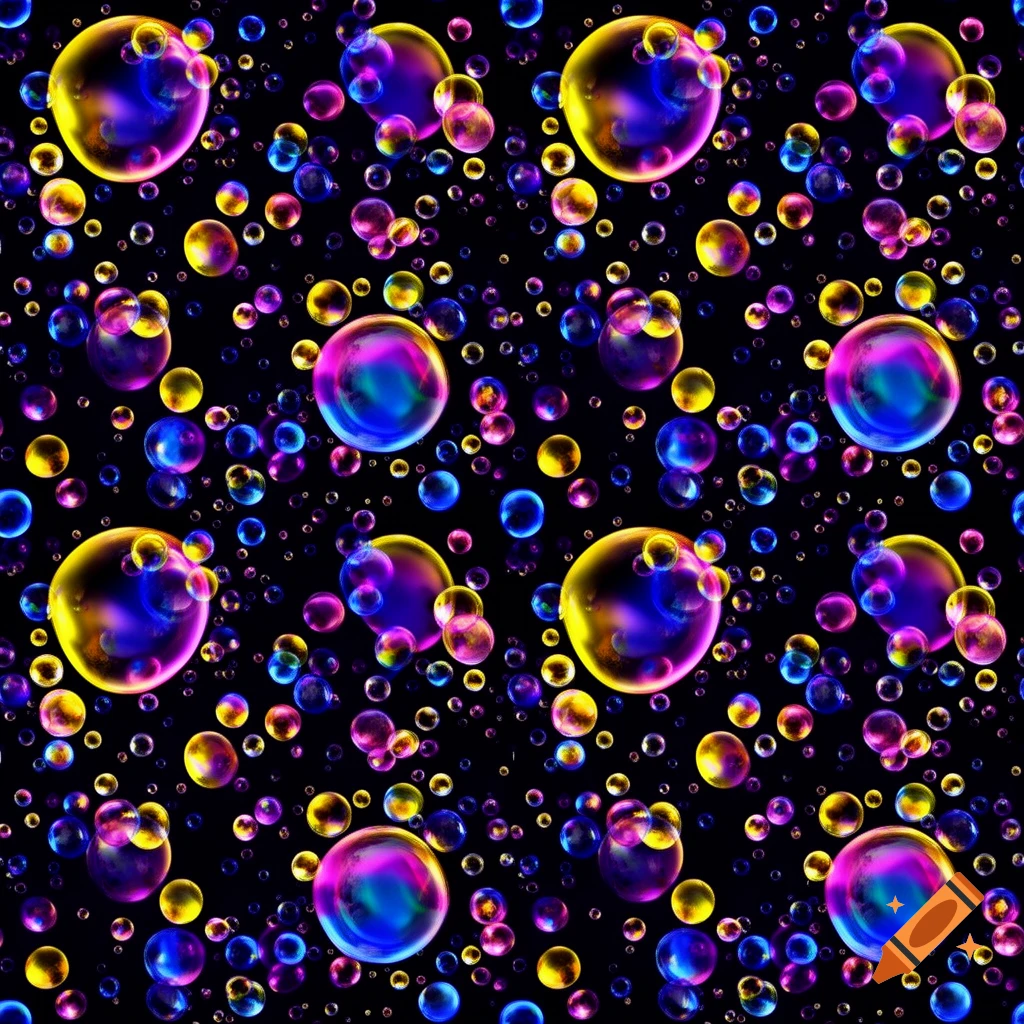 Seamless pattern of vibrant, iridescent bubbles in various sizes against a dark background.