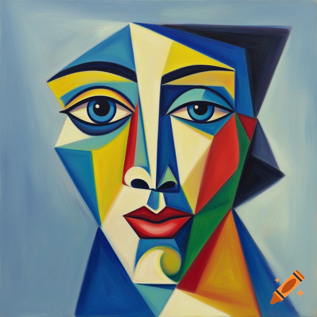 A multicolored, cubist-style portrait of a face made of geometric shapes with blue eyes and red lips, set against a light blue background.
