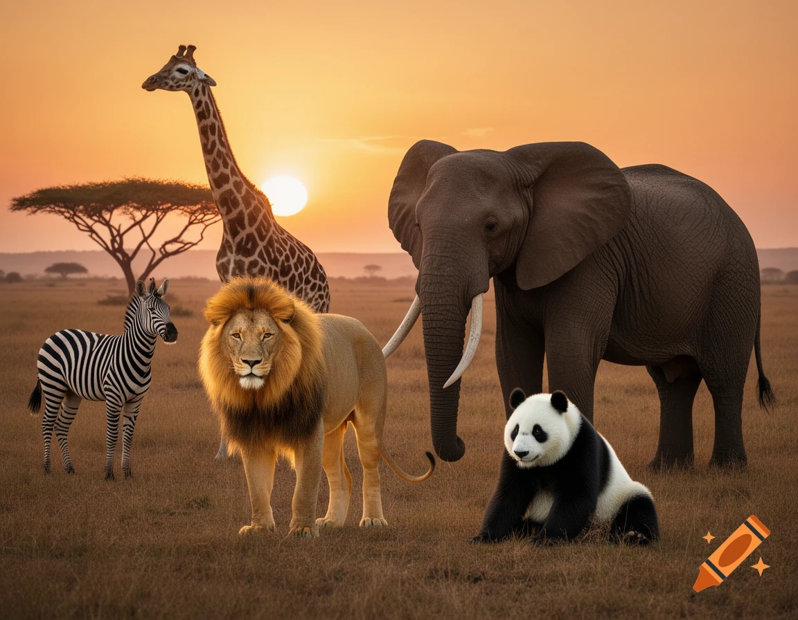 Photorealistic giraffe, zebra, lion, elephant, and panda stand in a savanna at sunset.