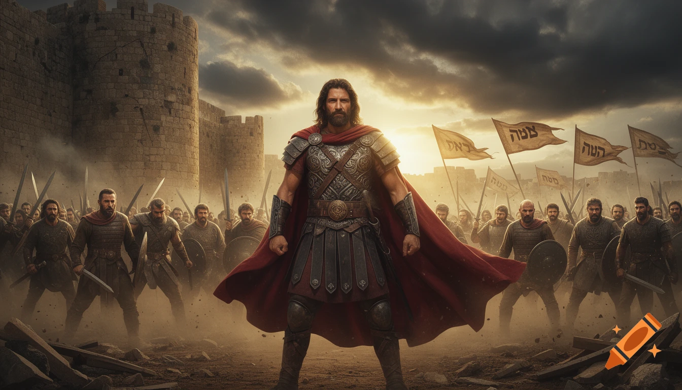 A stoic warrior in ornate armor and a red cape stands before his armed army and a stone fortress under a dramatic sky, with flags bearing gibberish text in the background.